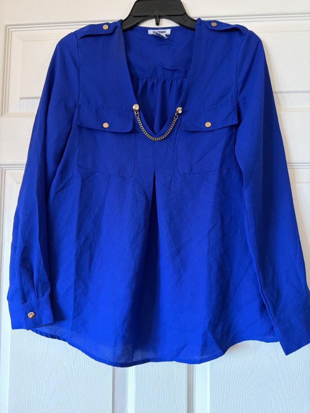Dizzire Royal Blue Long Sleeve Blouse With Gold Chain Accent & Button Details Si
